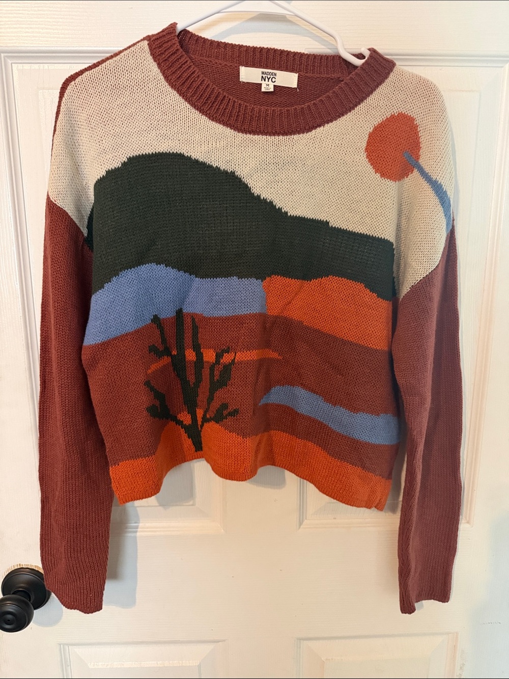 Madden NYC Rust Scenic Crewneck Sweater — Multi-Color Desert Motif